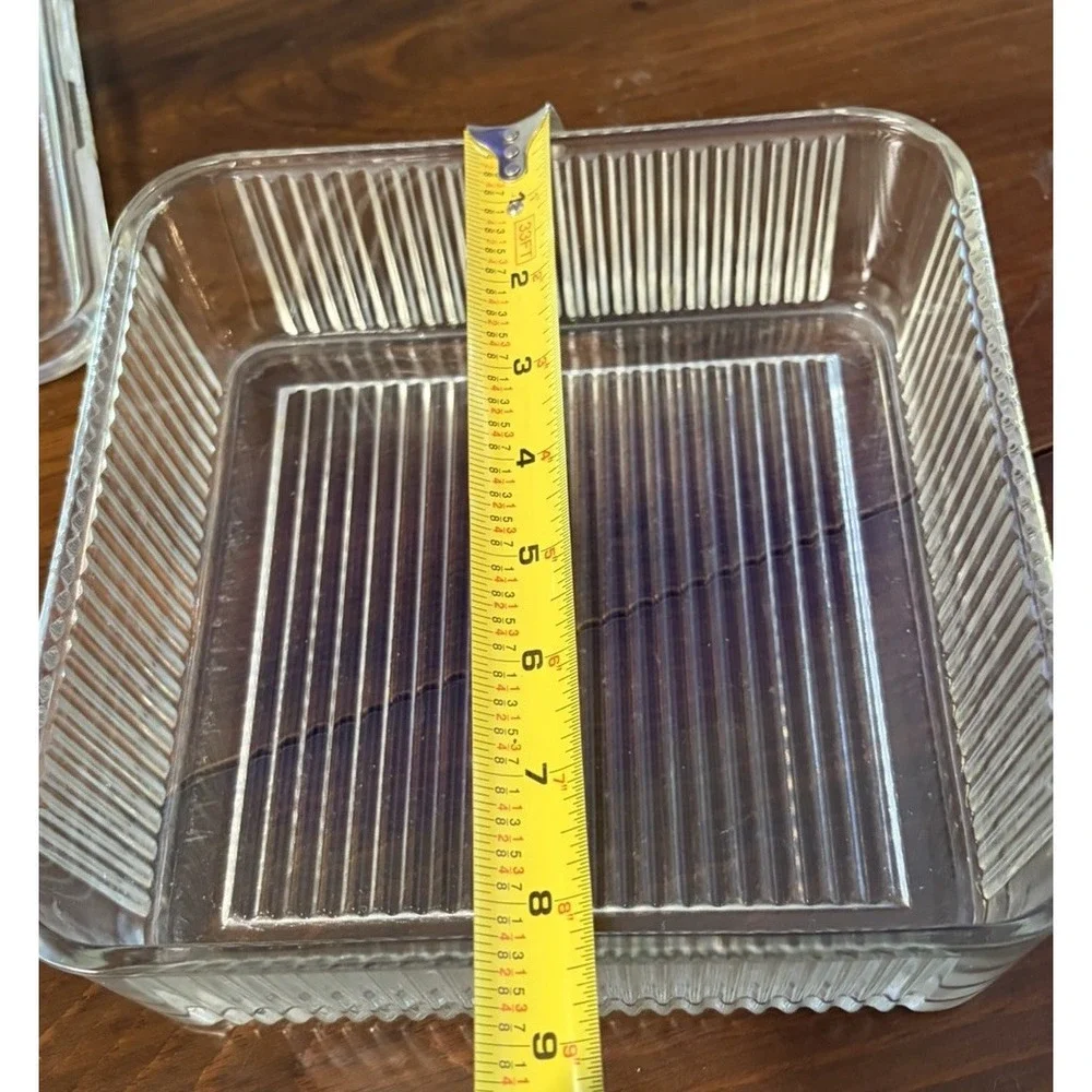 Vintage Clear Glass Refrigerator Dish Box Ribbed Covered Storage Container 8